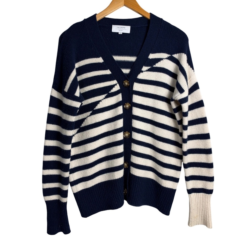 La Ligne Wool Cashmere Striped V-Neck Cardigan Navy White XS